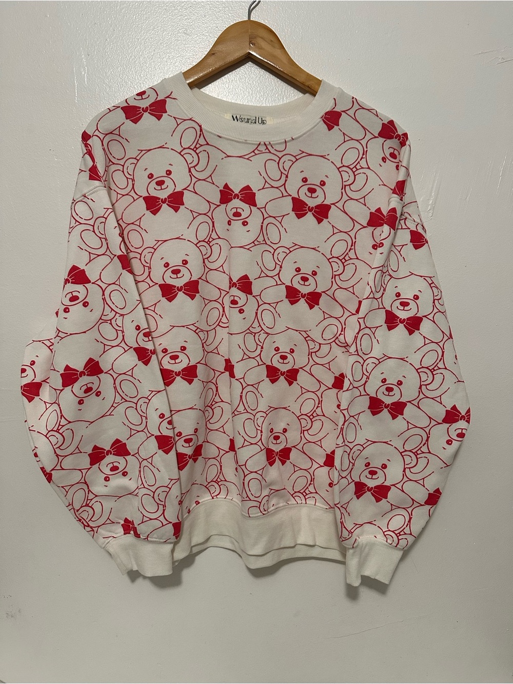 Wound Up White Crewneck Sweater with Red Teddy Bear Pattern